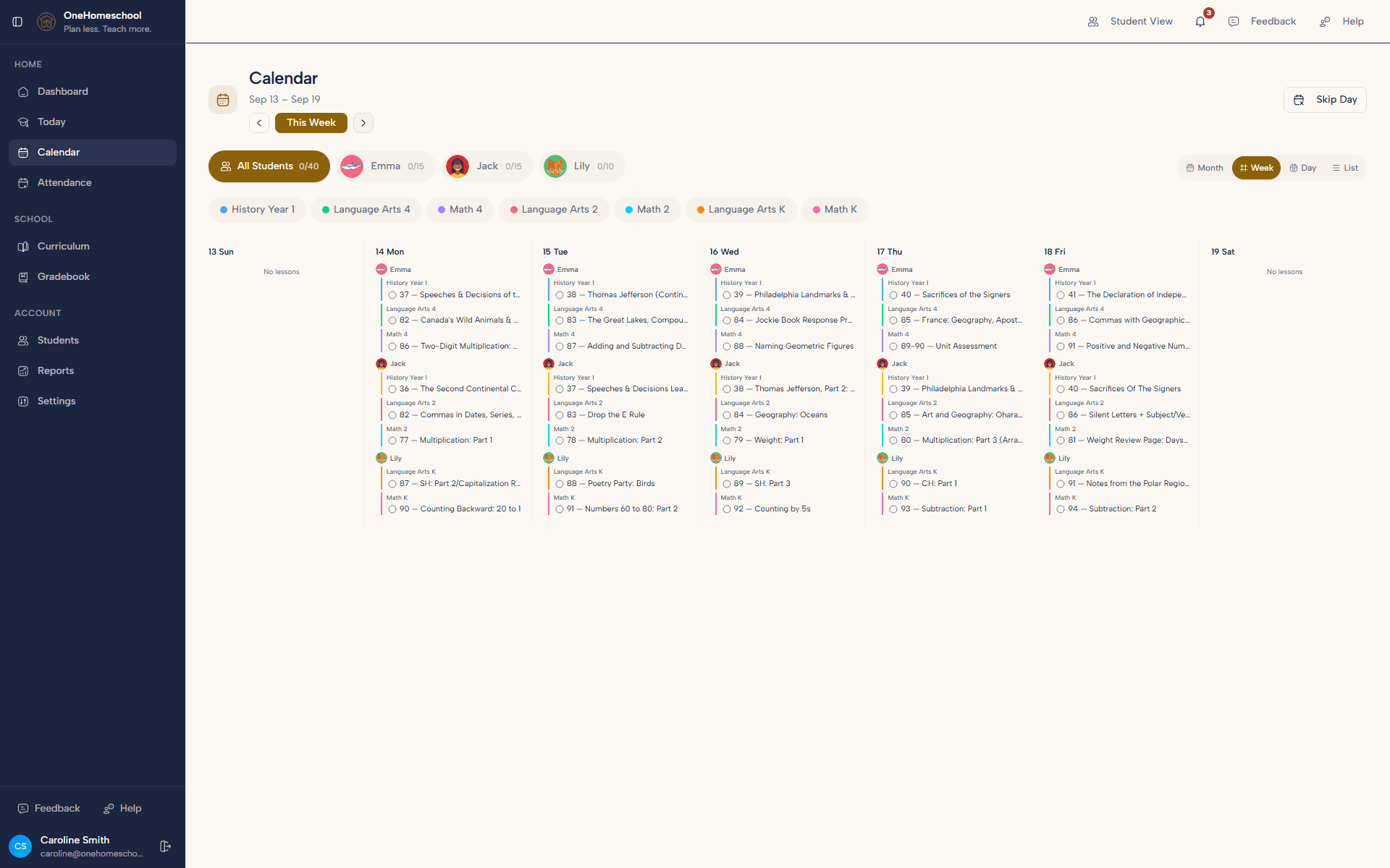 School calendar week view with each child’s lessons per subject, colour-coded by subject