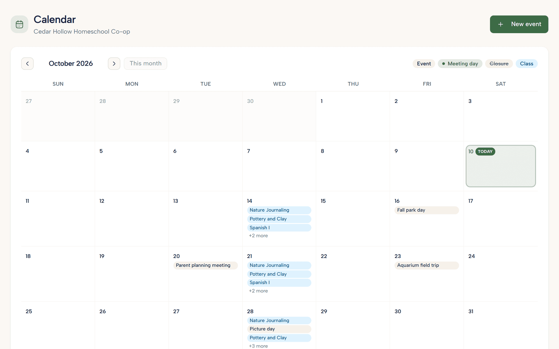 The co-op calendar for a month, with class days, a field trip and a break
