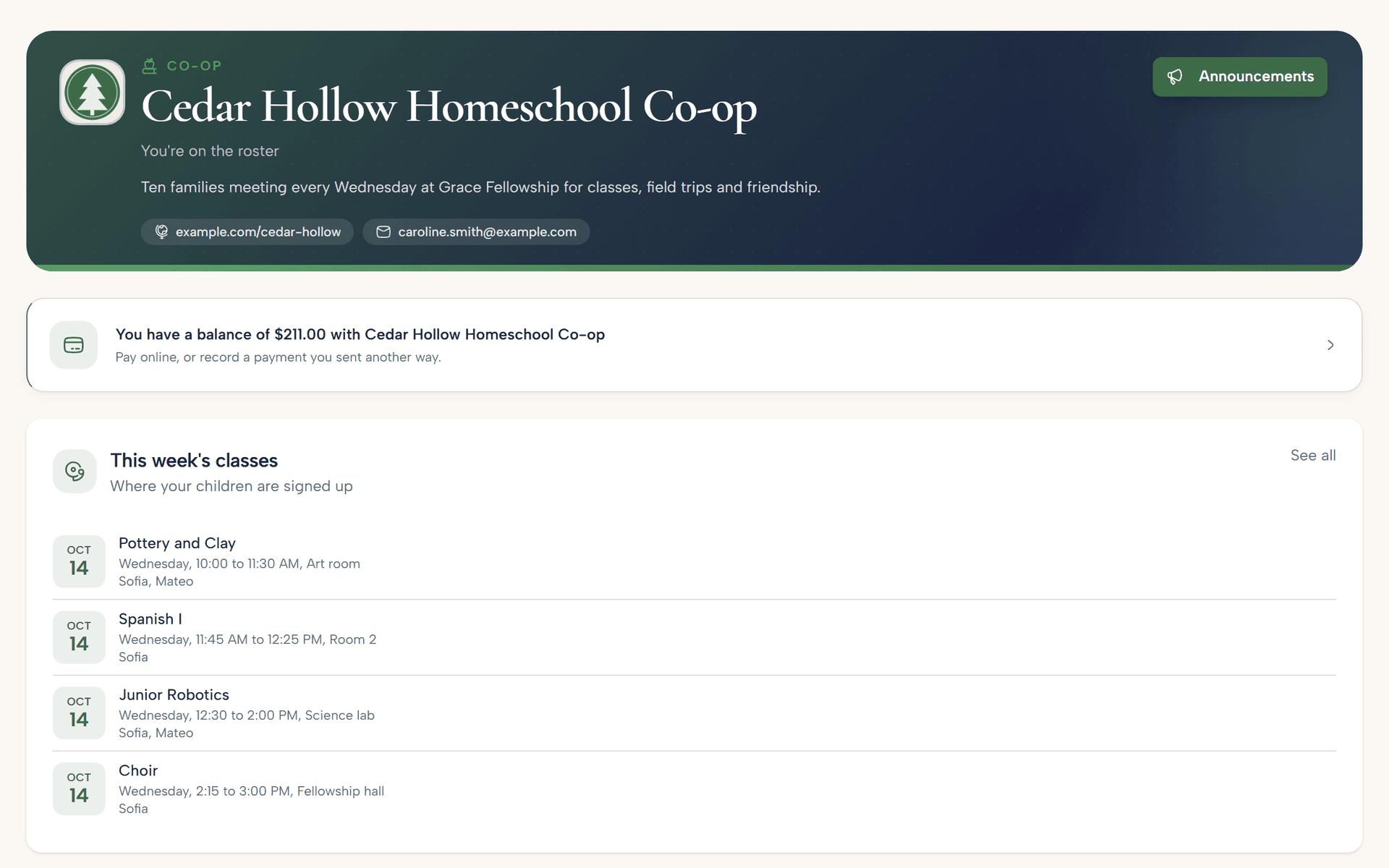 A family's view of the co-op: their balance, this week's classes for each child, announcements and the events waiting for an answer