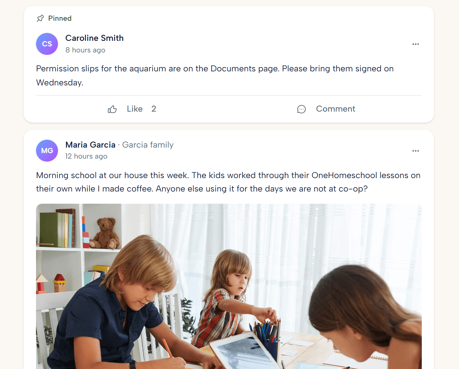 A parents' group with posts, pictures and comments