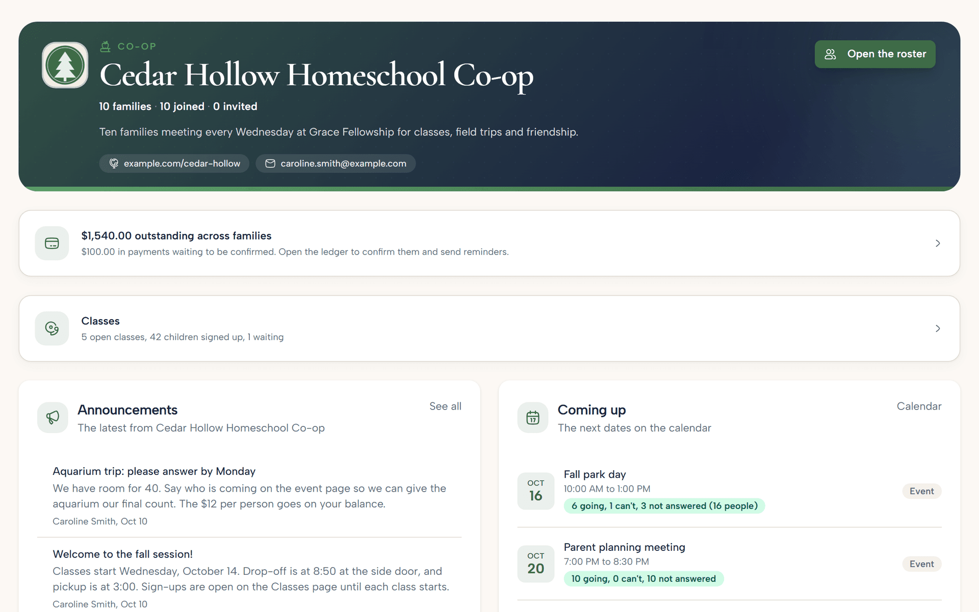 The home page of a co-op in OneHomeschool: its name and logo, what families owe, the classes, the latest announcements and the next events with who has answered.
