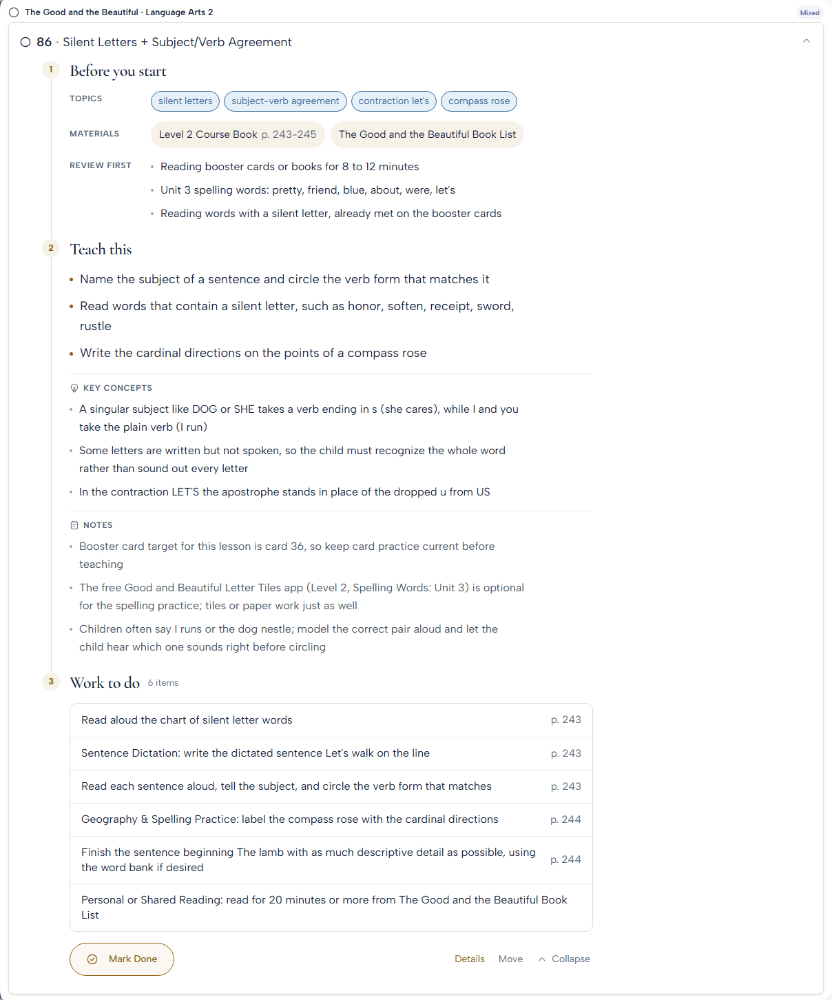 One whole lesson in OneHomeschool: the topics, the books and pages to have ready, what to review first, what to teach, the key concepts, notes for the parent and the work to do with page numbers.